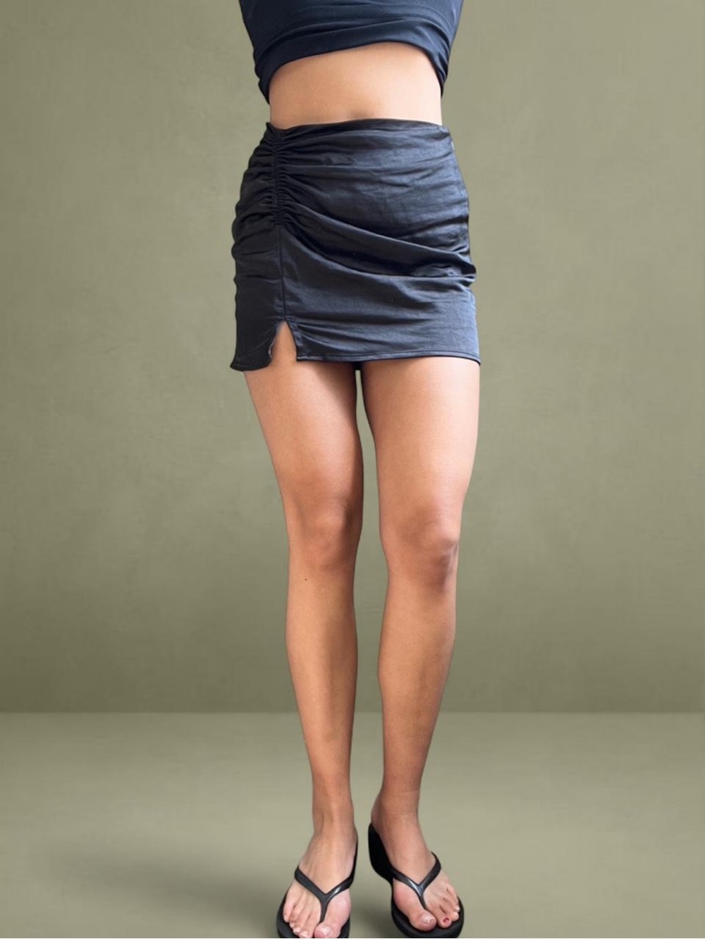 OAK + FORT Black Ruched Mini Skirt with Side Slit